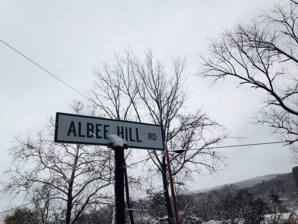 Road sign for Albee Hill Road in Van Etten, New York, namesake of Eve's Cidery's award-winning Albee Hill still cider.