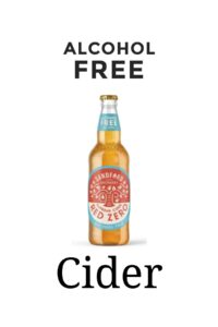 Bottle and glass of Red Zero alcohol-free cider from Sandford Orchards, an award-winning alcohol-free cider from Devon, England.