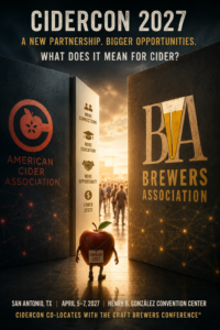 Illustration showing the American Cider Association and Brewers Association joining forces ahead of CiderCon 2027 and the Craft Brewers Conference in San Antonio.