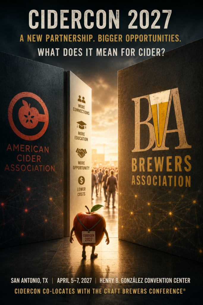 Illustration showing the American Cider Association and Brewers Association joining forces ahead of CiderCon 2027 and the Craft Brewers Conference in San Antonio.