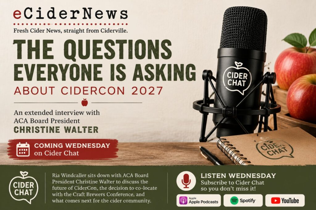 eCiderNews graphic promoting a Cider Chat interview with Christine Walter discussing CiderCon 2027 and the future of the American Cider Association.