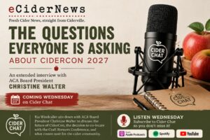 eCiderNews graphic promoting a Cider Chat interview with Christine Walter discussing CiderCon 2027 and the future of the American Cider Association.