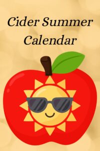 Illustration of a smiling summer sun wearing sunglasses inside a red apple with the words "Cider Summer Calendar," representing annual cider festivals and events held throughout the summer season.