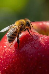 Honey bee resting on a red apple covered with dew drops in an orchard setting.