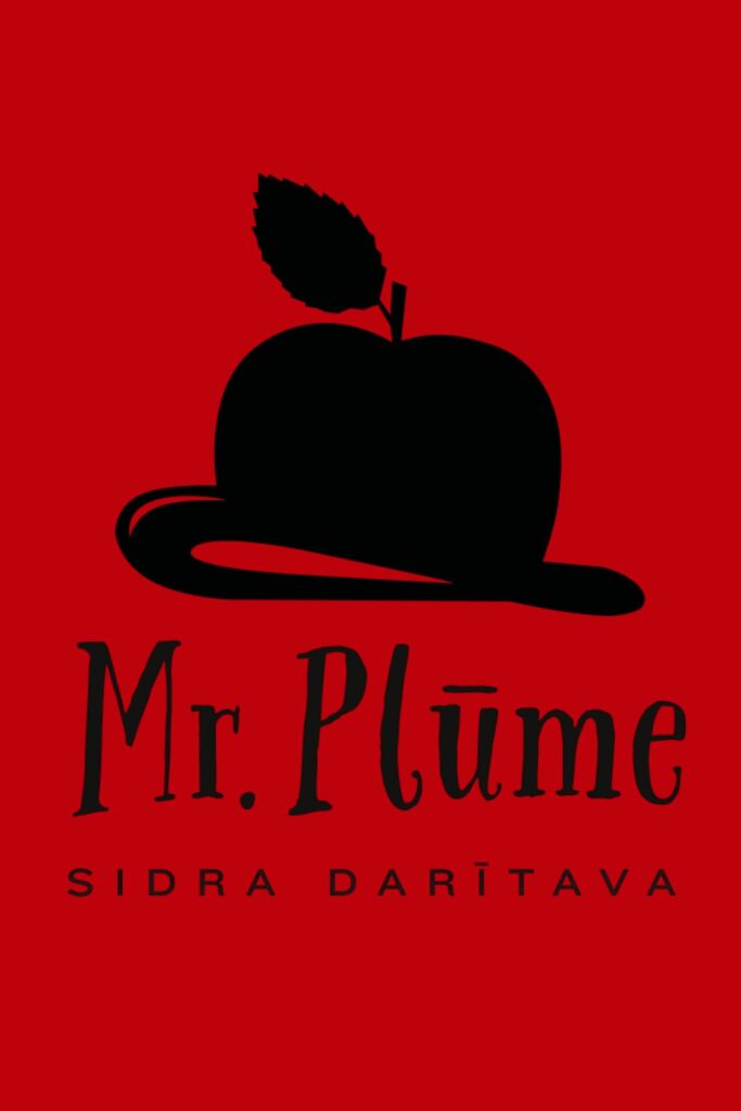 Mr. Plūme cidery logo from Latvia featuring a black apple wearing a hat on a red background.