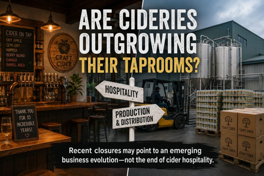 A split-screen editorial illustration contrasting a warm, inviting cider taproom with a modern cider production facility. A directional sign points toward "Hospitality" on one side and "Production & Distribution" on the other, illustrating the evolving business strategies of established cider brands.