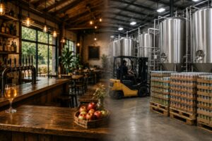 A conceptual split-scene illustration showing a warm, inviting cider taproom transitioning into a modern cider production facility with stainless steel fermentation tanks, pallets of canned cider, and a forklift. The image symbolizes the evolution of some cider businesses from hospitality-focused operations to larger-scale production and distribution.