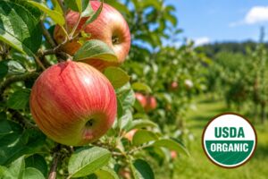 Ripe apples growing in an orchard with a USDA Organic certification logo representing organic orchard management.