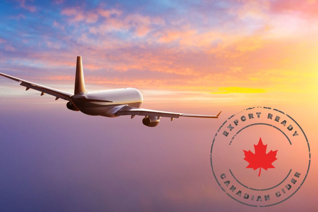 Airplane in flight beside an Export Ready Canadian Cider graphic with a red maple leaf