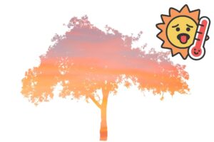 Illustration of an apple tree under extreme summer heat with a high-temperature symbol