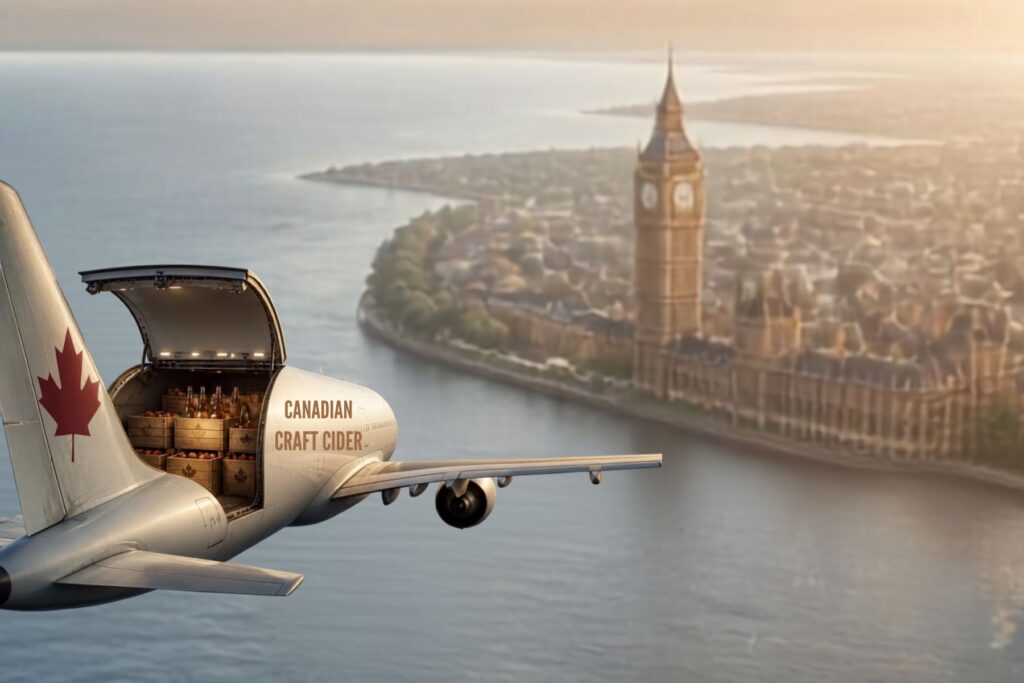 Illustration of Canadian craft cider being transported by plane to the United Kingdom