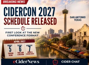 Graphic announcing the release of the CiderCon 2027 schedule for the American Cider Association conference in San Antonio, Texas.